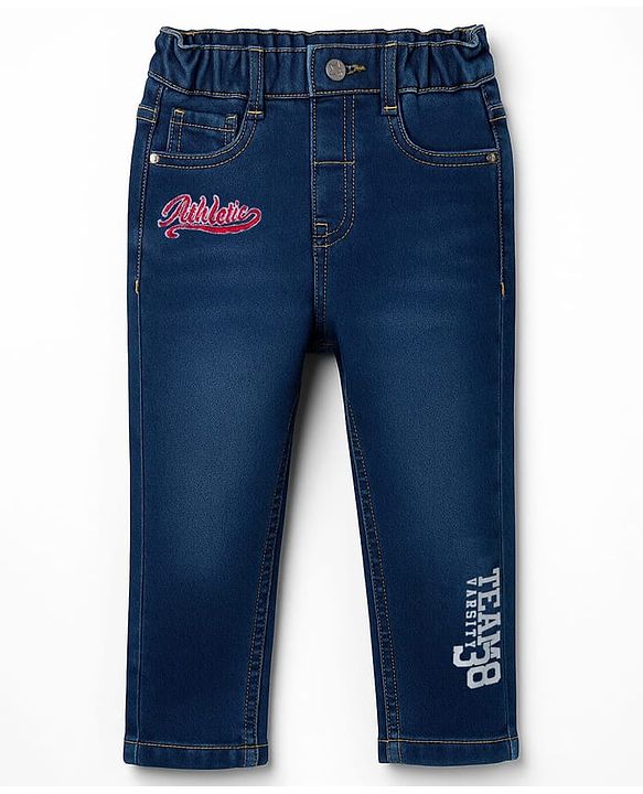 Babyhug Denim Full Length Washed Jeans With Stretch & Text Embriodery - Navy Blue