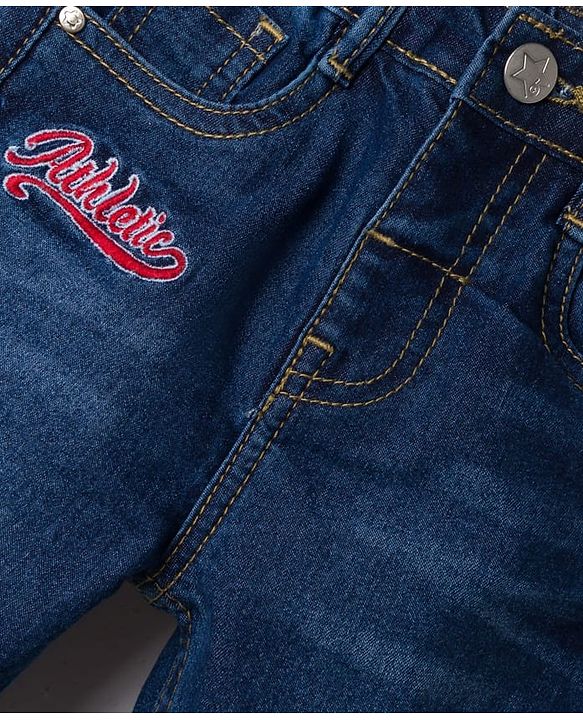 Babyhug Denim Full Length Washed Jeans With Stretch & Text Embriodery - Navy Blue