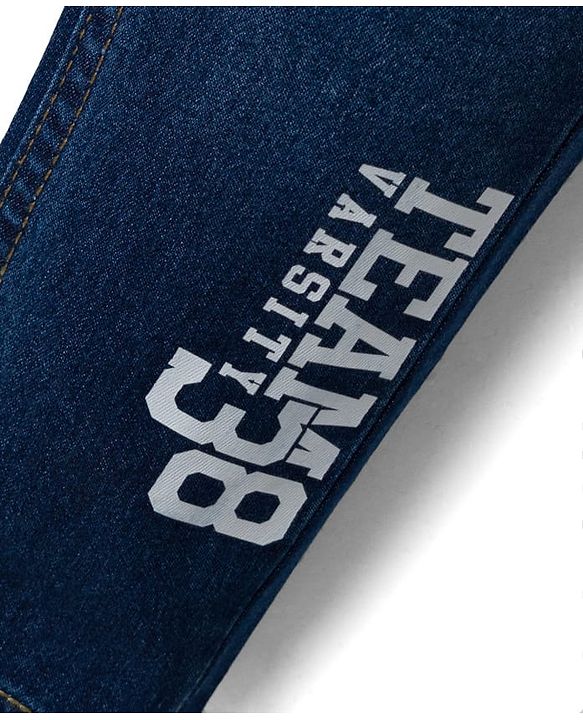 Babyhug Denim Full Length Washed Jeans With Stretch & Text Embriodery - Navy Blue