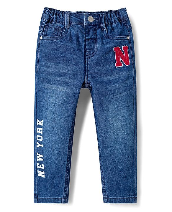 Babyhug Denim Full Length Washed Jeans With Stretch & Text Print - Navy Blue