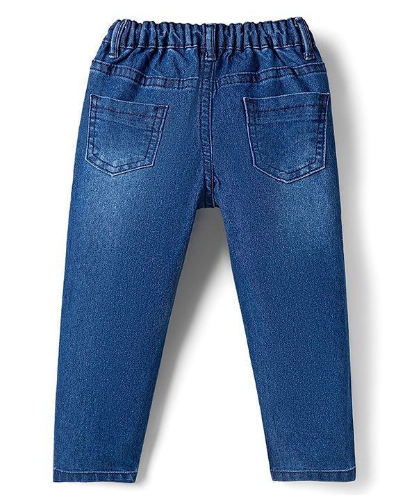 Babyhug Denim Full Length Washed Jeans With Stretch & Text Print - Navy Blue