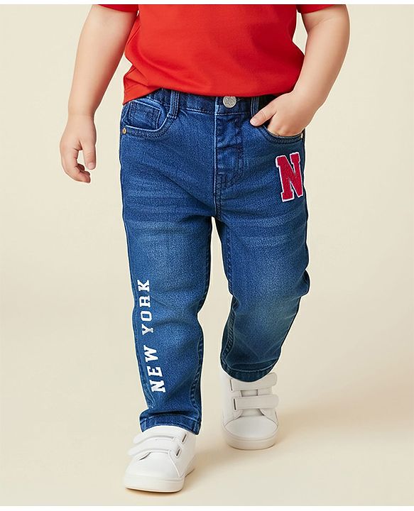 Babyhug Denim Full Length Washed Jeans With Stretch & Text Print - Navy Blue