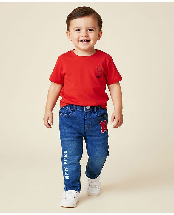 Babyhug Denim Full Length Washed Jeans With Stretch & Text Print - Navy Blue