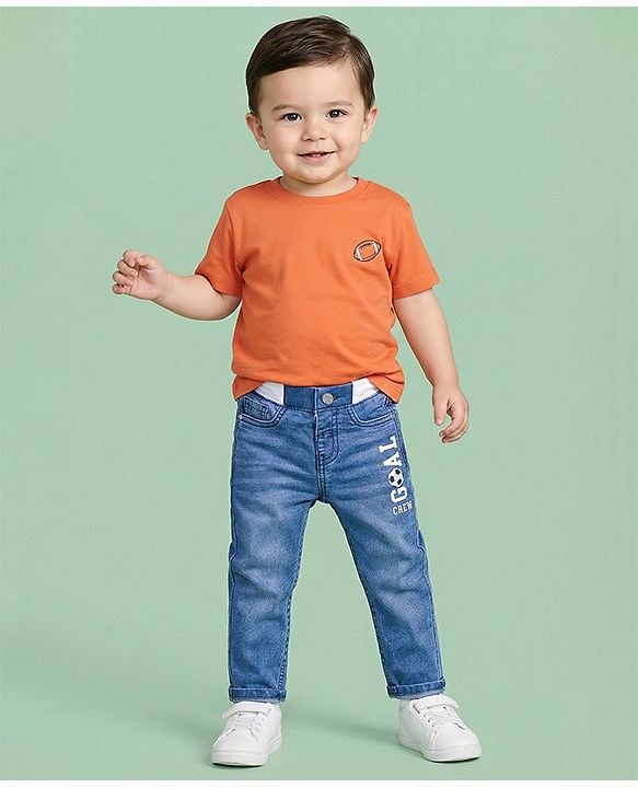 Babyhug Denim Full Length Jeans With Stretch & Text Print - Blue