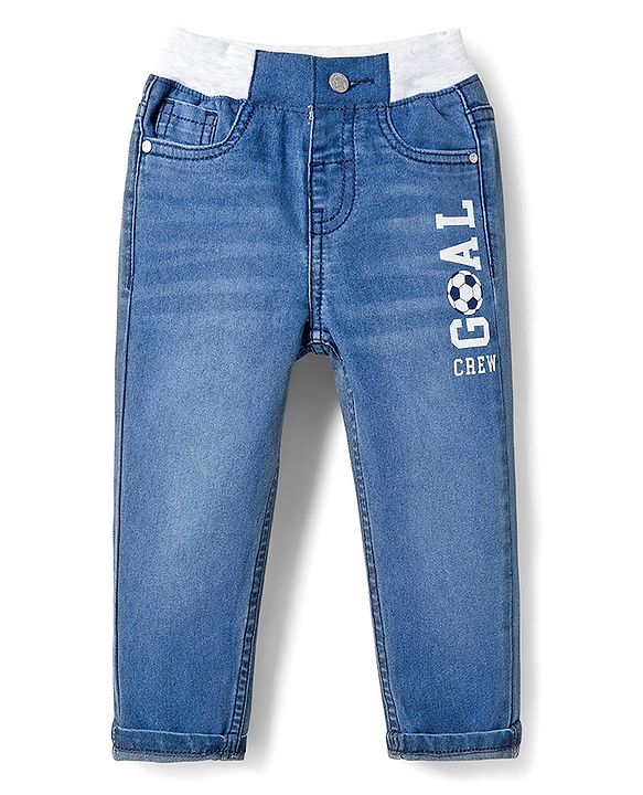 Babyhug Denim Full Length Jeans With Stretch & Text Print - Blue
