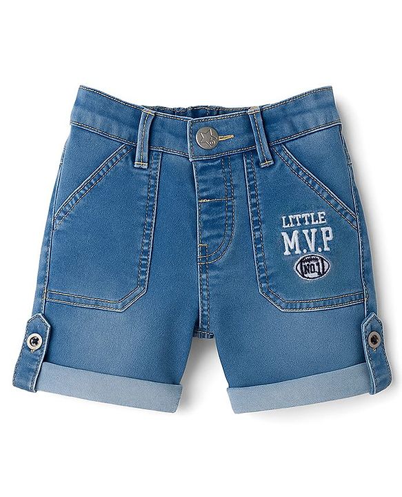 Babyhug Denim Mid Thigh Washed Shorts With Stretch & Text Embroidery -