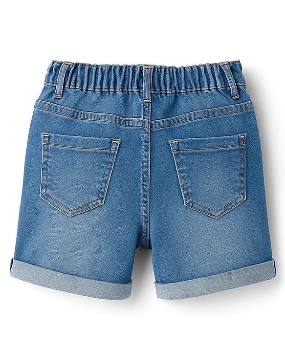 Babyhug Denim Mid Thigh Washed Shorts With Stretch & Text Embroidery -