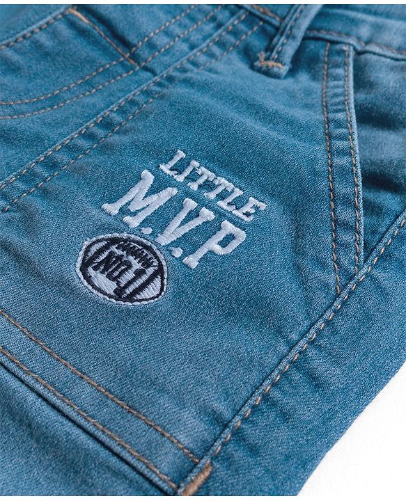 Babyhug Denim Mid Thigh Washed Shorts With Stretch & Text Embroidery -