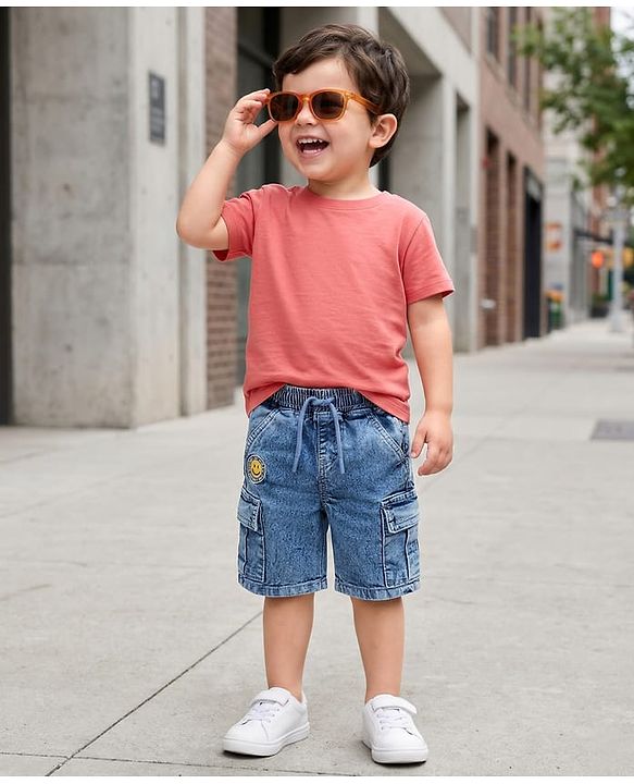 Babyhug Denim Above Knee Length Washed Bermuda With Stretch - Blue