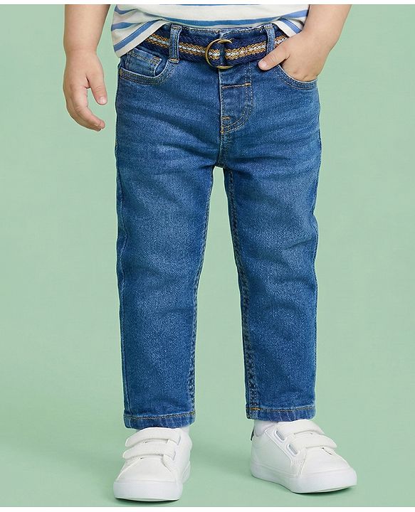 Babyhug Denim Full Length Washed Jeans With Stretch - Navy Blue