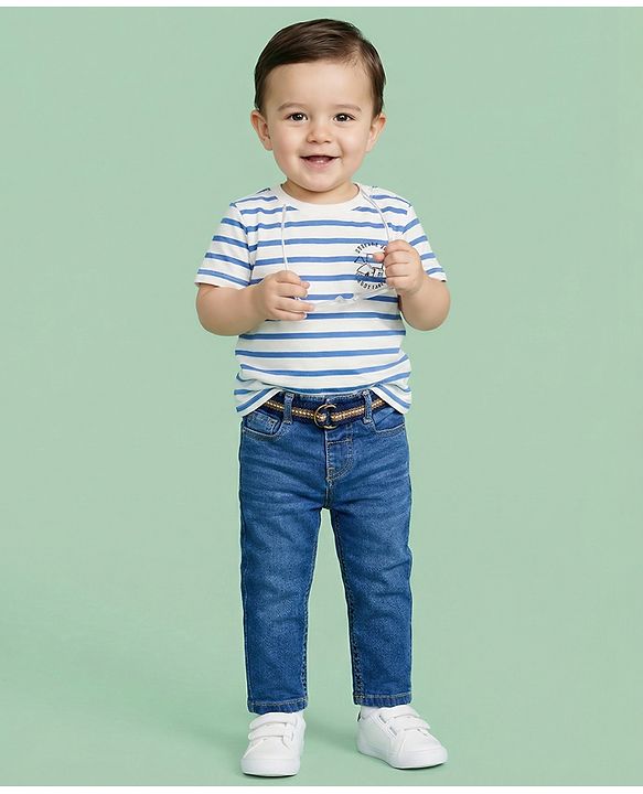 Babyhug Denim Full Length Washed Jeans With Stretch - Navy Blue