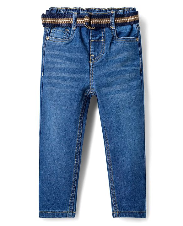 Babyhug Denim Full Length Washed Jeans With Stretch - Navy Blue
