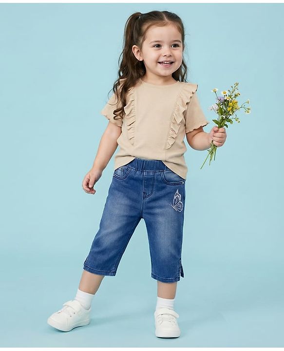 Babyhug Denim Washed Capri With Stretch & Butterfly Embroidery - Navy Blue