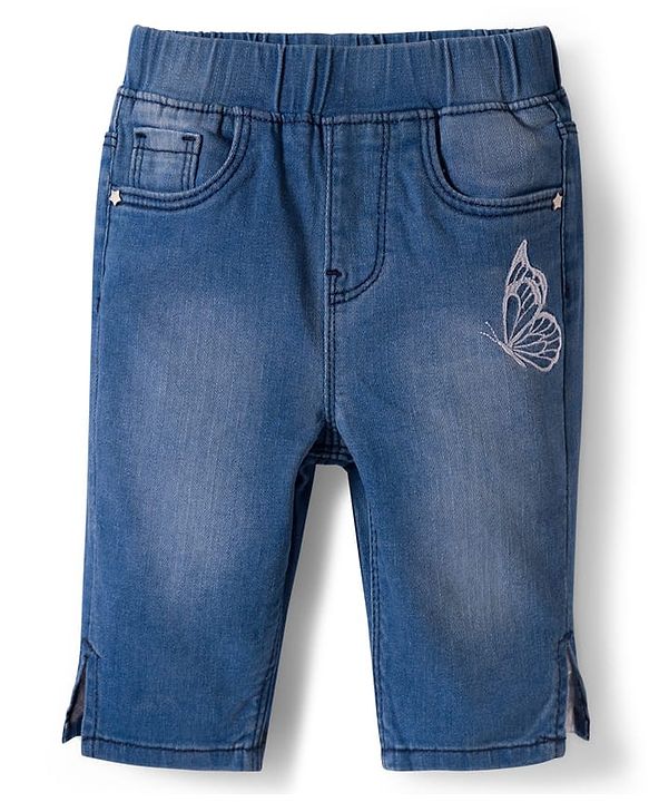 Babyhug Denim Washed Capri With Stretch & Butterfly Embroidery - Navy Blue