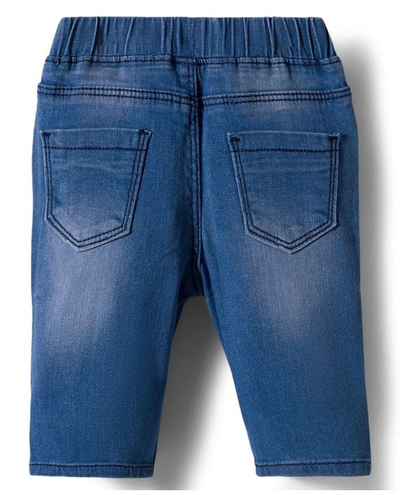 Babyhug Denim Washed Capri With Stretch & Butterfly Embroidery - Navy Blue