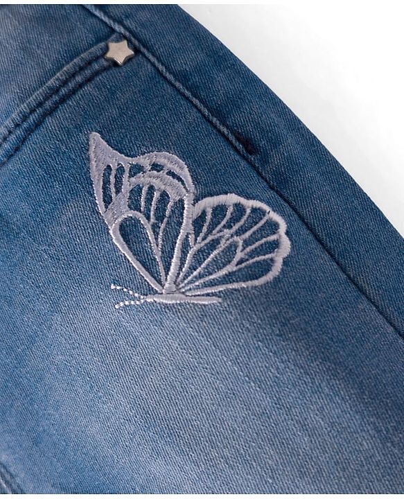 Babyhug Denim Washed Capri With Stretch & Butterfly Embroidery - Navy Blue