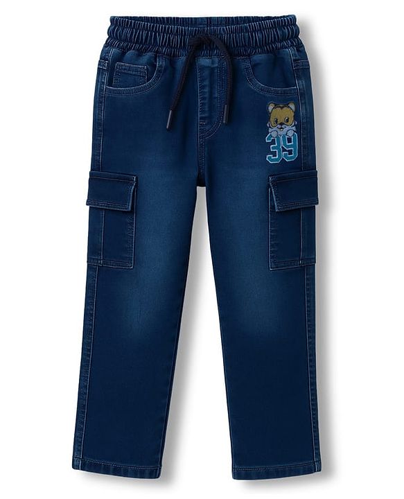 Babyhug Denim Full Length Washed Jeans With Stretch & Text Embroidery - Navy Blue