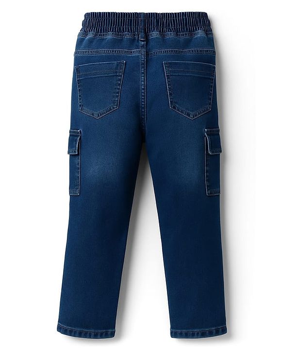 Babyhug Denim Full Length Washed Jeans With Stretch & Text Embroidery - Navy Blue
