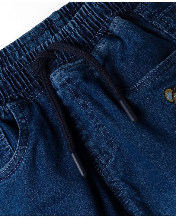 Babyhug Denim Full Length Washed Jeans With Stretch & Text Embroidery - Navy Blue