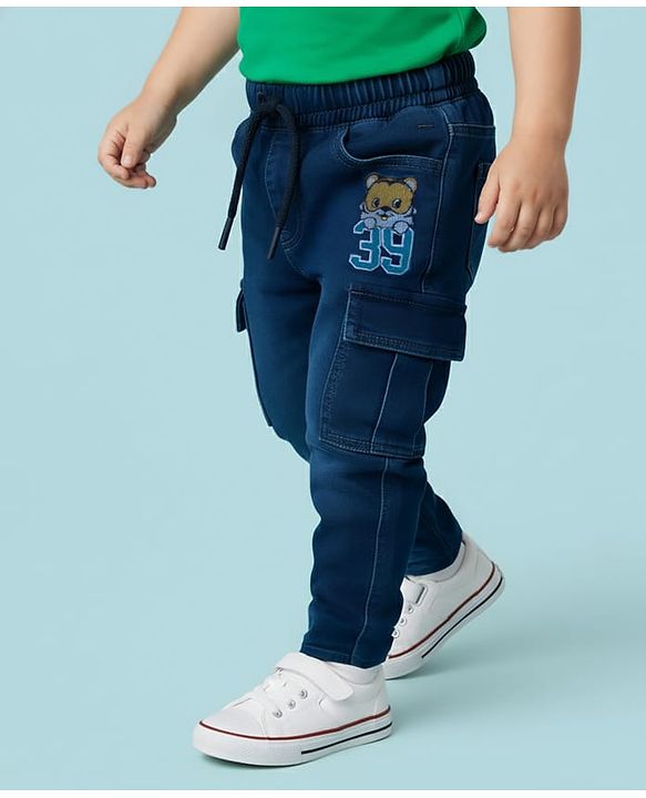 Babyhug Denim Full Length Washed Jeans With Stretch & Text Embroidery - Navy Blue