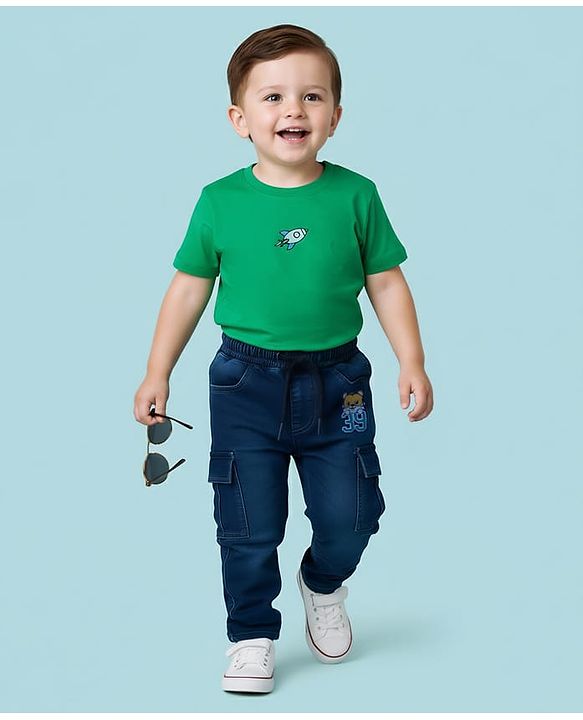 Babyhug Denim Full Length Washed Jeans With Stretch & Text Embroidery - Navy Blue