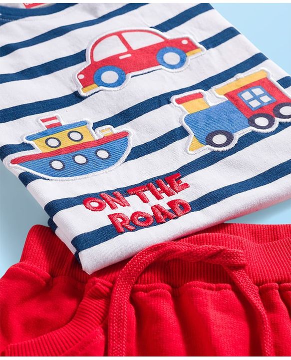Babyhug Single Jersey Knit Full Sleeves Striped T-Shirt & Lounge Pant Set with Vehicle Patch Detailing - Red