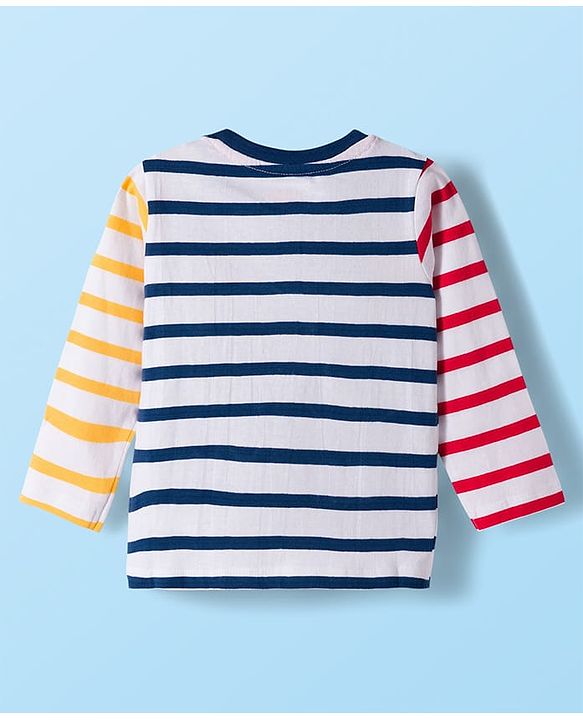 Babyhug Single Jersey Knit Full Sleeves Striped T-Shirt & Lounge Pant Set with Vehicle Patch Detailing - Red