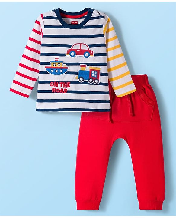 Babyhug Single Jersey Knit Full Sleeves Striped T-Shirt & Lounge Pant Set with Vehicle Patch Detailing - Red