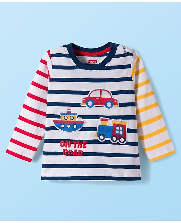 Babyhug Single Jersey Knit Full Sleeves Striped T-Shirt & Lounge Pant Set with Vehicle Patch Detailing - Red