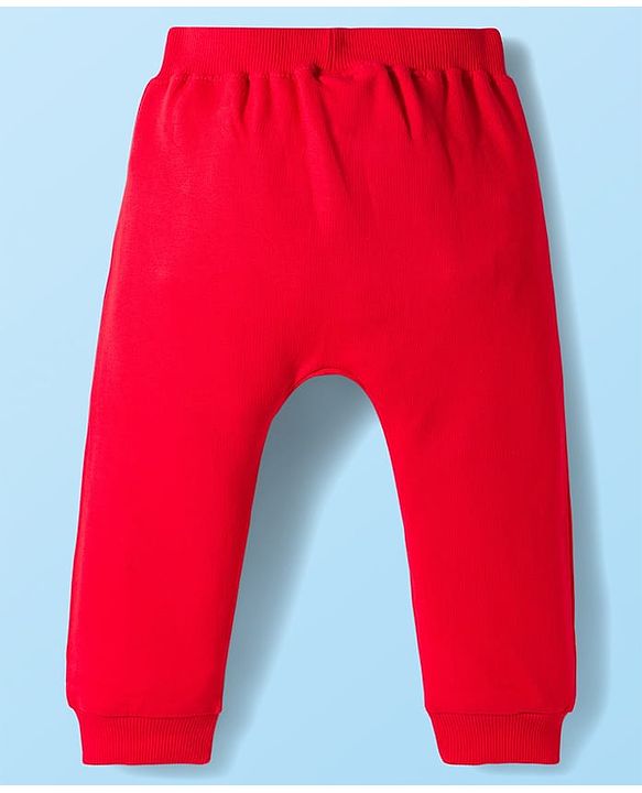Babyhug Single Jersey Knit Full Sleeves Striped T-Shirt & Lounge Pant Set with Vehicle Patch Detailing - Red