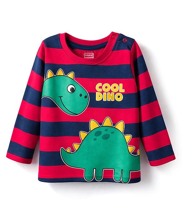 Babyhug Single Jersey Knit Full Sleeves Striped T-Shirt & Lounge Pant Set with Dino Graphic - Navy Blue & Red