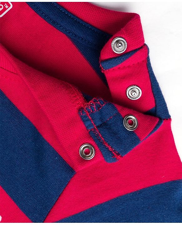 Babyhug Single Jersey Knit Full Sleeves Striped T-Shirt & Lounge Pant Set with Dino Graphic - Navy Blue & Red