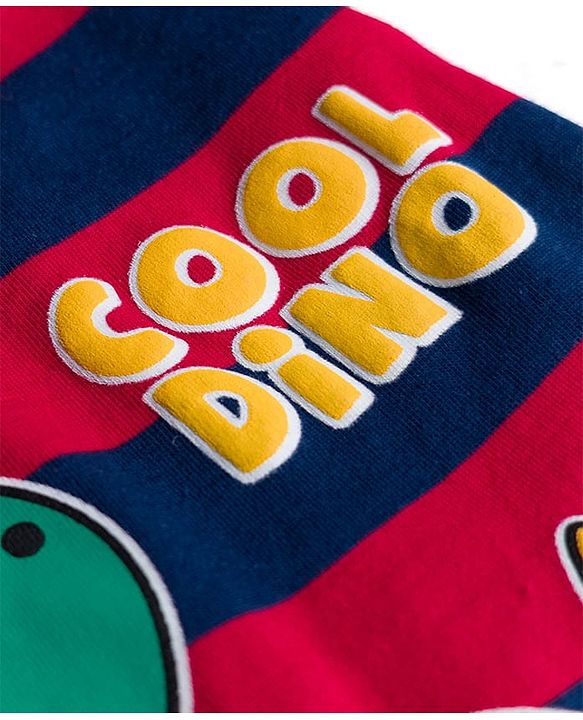 Babyhug Single Jersey Knit Full Sleeves Striped T-Shirt & Lounge Pant Set with Dino Graphic - Navy Blue & Red