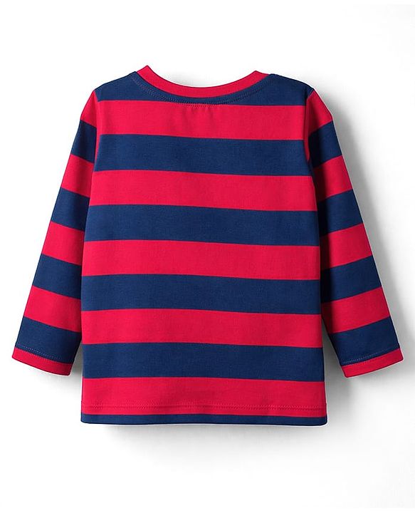 Babyhug Single Jersey Knit Full Sleeves Striped T-Shirt & Lounge Pant Set with Dino Graphic - Navy Blue & Red