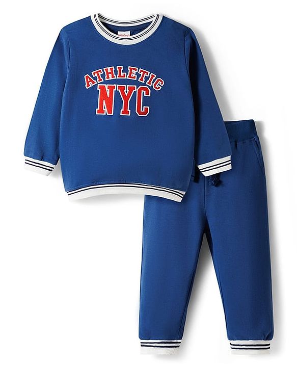 Babyhug Terry Knit Full Sleeves T-Shirt & Lounge Pant Set with Athletic Embroidery - Navy Blue