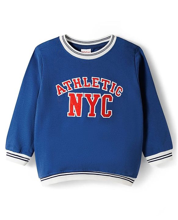 Babyhug Terry Knit Full Sleeves T-Shirt & Lounge Pant Set with Athletic Embroidery - Navy Blue