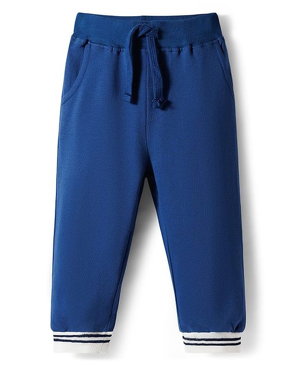 Babyhug Terry Knit Full Sleeves T-Shirt & Lounge Pant Set with Athletic Embroidery - Navy Blue
