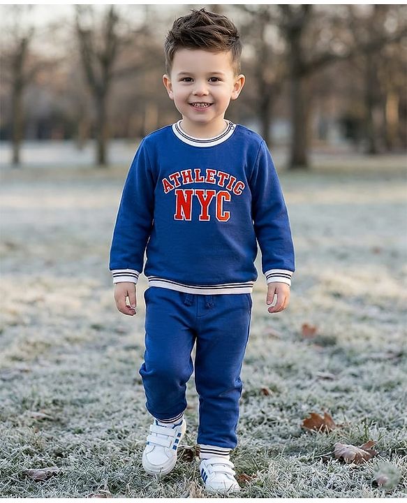 Babyhug Terry Knit Full Sleeves T-Shirt & Lounge Pant Set with Athletic Embroidery - Navy Blue