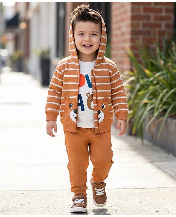 Babyhug Terry Knit Full Sleeves Striped Hooded T-Shirt & Lounge Pant Set with Inner T-Shirt - Brown