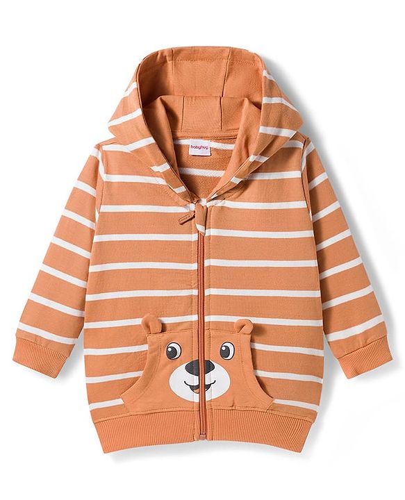 Babyhug Terry Knit Full Sleeves Striped Hooded T-Shirt & Lounge Pant Set with Inner T-Shirt - Brown