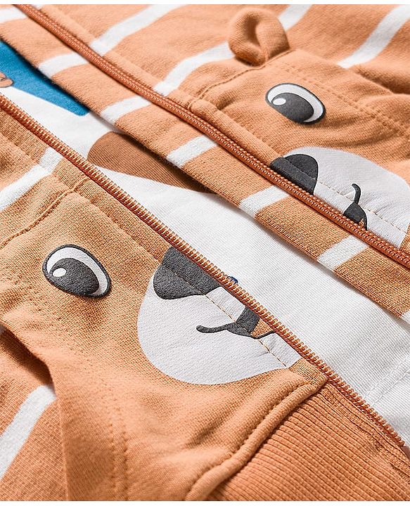 Babyhug Terry Knit Full Sleeves Striped Hooded T-Shirt & Lounge Pant Set with Inner T-Shirt - Brown