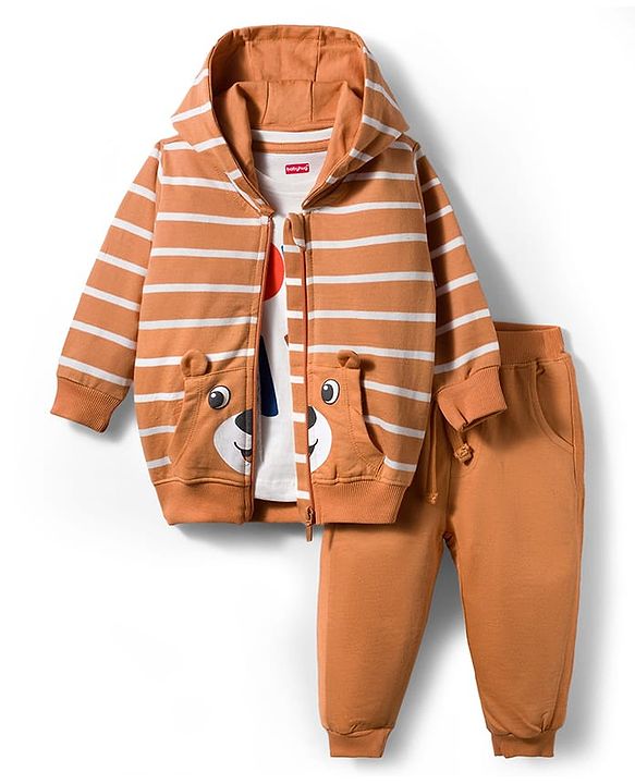 Babyhug Terry Knit Full Sleeves Striped Hooded T-Shirt & Lounge Pant Set with Inner T-Shirt - Brown