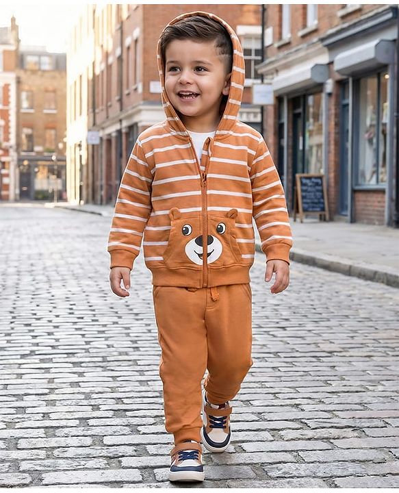 Babyhug Terry Knit Full Sleeves Striped Hooded T-Shirt & Lounge Pant Set with Inner T-Shirt - Brown
