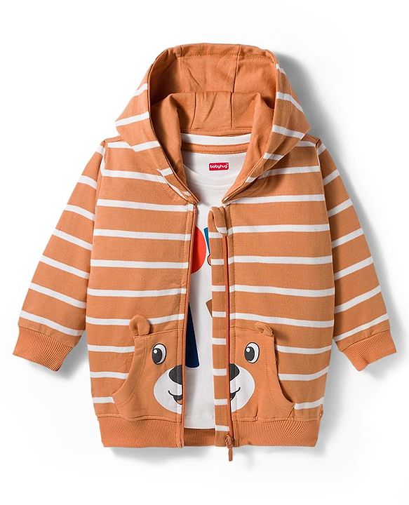 Babyhug Terry Knit Full Sleeves Striped Hooded T-Shirt & Lounge Pant Set with Inner T-Shirt - Brown
