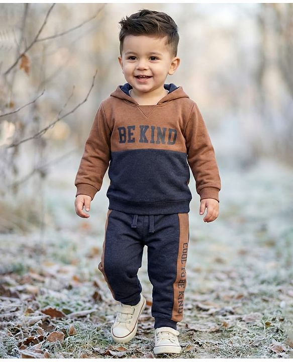 Babyhug Single Jersey Knit Full Sleeves Hooded T-Shirt & Lounge Pant Set With Be Kind Print - Navy Blue