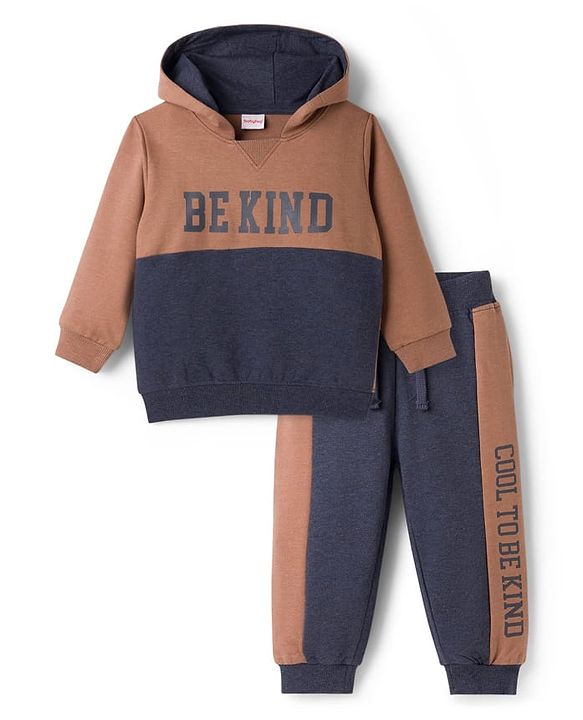Babyhug Single Jersey Knit Full Sleeves Hooded T-Shirt & Lounge Pant Set With Be Kind Print - Navy Blue