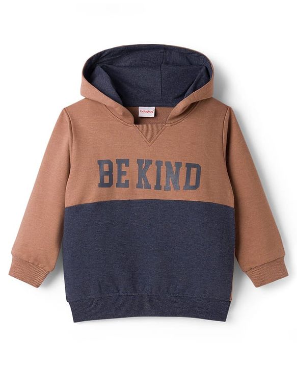 Babyhug Single Jersey Knit Full Sleeves Hooded T-Shirt & Lounge Pant Set With Be Kind Print - Navy Blue