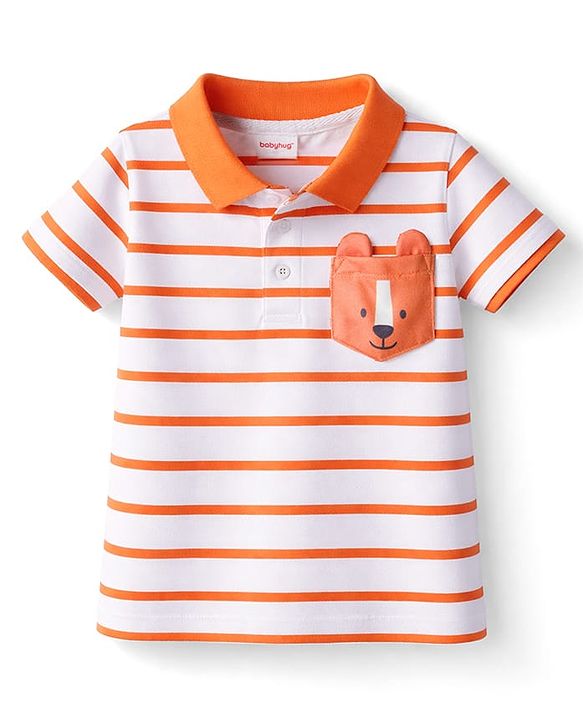 Babyhug Single Jersey Knit Half Sleeves Striped Polo T-Shirt & Lounge Pant Set - Orange & White