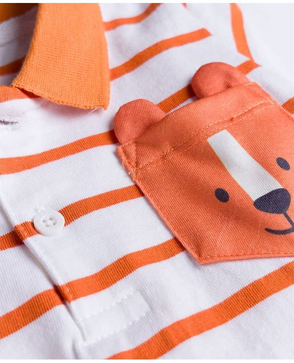 Babyhug Single Jersey Knit Half Sleeves Striped Polo T-Shirt & Lounge Pant Set - Orange & White