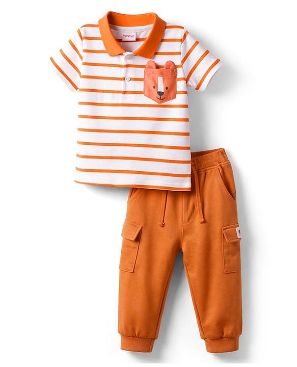 Babyhug Single Jersey Knit Half Sleeves Striped Polo T-Shirt & Lounge Pant Set - Orange & White